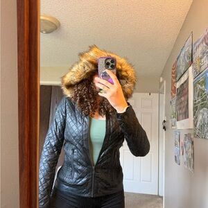Bar III Black Vegan Leather Jacket with Faux Fur Hood